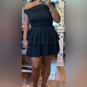 Black One Shoulder Ruched Stretch Mini Dress Ruffle Tiered Party Y2K Size 1X